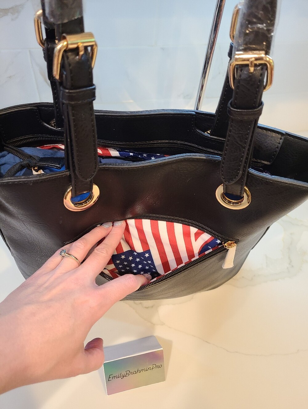American Flag Tote Bag with Gold Charm - Black / Red / Cream - Picture 7 of 10